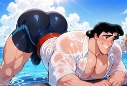 ai_generated ass ass_focus ass_up bara big_ass big_biceps big_butt big_pecs bubble_ass bubble_butt bulge disney disney_prince flexing flexing_bicep looking_at_viewer male male_breasts male_focus male_only muscles muscular_arms muscular_legs muscular_male muscular_thighs nipples ocean prince_eric revealing_clothes see-through see-through_clothing see-through_top the_little_mermaid the_little_mermaid_(1989_film) wet wet_clothes wet_shirt yaoi