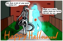 2016 2boys animal_genitalia anthro ass balls bodypaint bone cosplay dreadlocks duo genital_slit halloween holidays lizard male modo_tu_(character) nude open_mouth rain-grid_(character) reptile scalie skeleton slit smile x231_(artist)