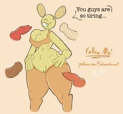 alternate_version_available bra cleavage clothes disembodied_penis dog_penis female_focus green_eyes high_quality high_resolution highres humanoid_penis large_breasts leggings legs_apart legwear one_eye open_mouth partially_clothed patreon patreon_url patreon_username text text_box text_bubble thick thick_legs thick_thighs thigh_highs thighhighs thighs unknown_species visible_pussy yellow_skin