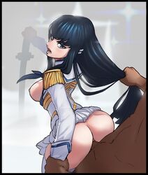 1girls 2d anal anal_sex angry ass bakuzan black_hair dark-skinned_male doggy_style female hair_pull junketsu kill_la_kill kiryuuin_satsuki ponytail_hold sword