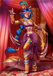 anthro anthro_only belly_dancer belly_dancer_outfit blue_hair canine carmelita_fox cleavage female fox large_breasts ponytail reddeadfox skimpy sly_cooper_(series) smooth_fur solo