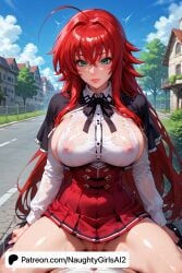 ahoge ai_generated bangs big_breasts blue_sky breasts building castle city cityscape cloud cloudy_sky covered_nipples curvy day female green_eyes high_school_dxd house huge_ahoge long_hair long_sleeves looking_at_viewer mature_female naughtygirlsai nipples outdoors patreon_logo patreon_username pleated_skirt red_hair rias_gremory see-through shirt skirt sky smile solo spread_legs tower tree very_long_hair watermark web_address wet wet_clothes wet_shirt