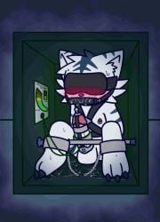 00freeze00 animated bite_gag blindfold bodily_fluids bondage bound edging felid gag hi_res machine male male_only mammal orgasm_denial pantherine saliva shaking solo solo_male sweat tiger trembling
