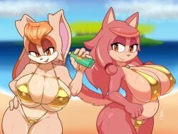 2girls animal_ears anthro barely_sly big_breasts bikini bikini_bottom bikini_top bottomwear breasts brown_eyes brown_hair cleavage conductor's_wife_(sonic) female female_only golden_bikini golden_week hand_on_hip hips holding_object huge_breasts lagomorph large_breasts mature mature_female mature_woman milf mother motion_lines plump red_body red_skin sega side-tie_bikini sonic_(series) sonic_the_hedgehog_(series) sunscreen sweat sweatdrop swimwear the_murder_of_sonic_the_hedgehog thighs topwear vanilla_the_rabbit voluptuous