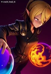 1girl ai_dota_ai ai_generated armor artist_name belt blonde_hair closed_mouth coat dota_2 elf female girl_focus glowing holding invoker long_sleeves looking_at_viewer orb pauldrons pointy_ears ponytail purple_background shoulder_armor solo standing vicineko_style white_eyes