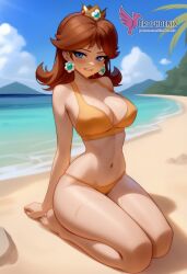 1girls 2d ai_generated bangs bare_shoulders barefoot beach bikini bikini_bottoms blue_eyes breasts brown_hair cleavage crown earrings erophoenix feet jewelry large_ass large_breasts long_hair looking_at_viewer mario_(series) nintendo ocean outdoors pale_skinned_female patreon_username princess_daisy sitting smile solo strap_slip super_mario_bros. super_smash_bros. sweat toes topless uncensored v_arms