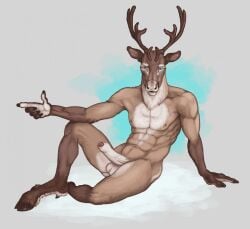 anthro antlers balls blue_background blue_eyes brown_body brown_fur deer fallowfox foreskin fur furry furry_male furry_only genitals grey_background hooves horn humanoid_genitalia humanoid_penis male male_only mammal muscular muscular_anthro muscular_male nipples nude_anthro nude_male penis relaxing simple_background sitting solo tan_body tan_fur uncircumcised white_body white_fur