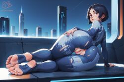 ai_assisted ai_generated anus arm_support ass black_hair blue_bodysuit blue_eyes blue_hair blue_nails bodysuit cityscape cortana creamybiscuit feet female female_only foot_focus from_behind hand_on_own_ass legs lips looking_back lying nail_polish night no_panties no_shoes on_side presenting pussy short_hair soles stirrup_legwear thighs toeless_legwear toenail_polish toenails toes torn_clothes