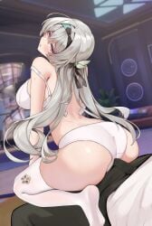 1boy 1girls ass black_hairband black_pants blush bra breasts bulge bulge_to_ass cowgirl_position facing_up female firefly_(honkai:_star_rail) grey_hair hairband highres honkai:_star_rail honkai_(series) indoors large_breasts long_hair male matrix16 no_shoes out_of_frame panties pants parted_lips purple_eyes sitting sitting_on_lap sitting_on_person straddling straight thighhighs underwear white_bra white_panties white_thighhighs