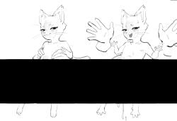 4_fingers 5_fingers ambiguous_gender anthro biped bodily_fluids censor_bar cute_fangs disembodied_hand domestic_cat duo eyebrows fangs feet felid feline felis fingers hi_res looking_at_viewer male mammal nude open_mouth open_smile pawpads pupils simple_background skeleton265 smile spread_toes sweat teeth toes white_background