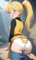 1girls ai_generated ass assisted_exposure black_shirt blonde_hair blue_pants brown_belt brown_eyes china_dress cowboy_shot embarrassed embarrassed_female exposed_panties from_behind jeans panties pants_pull pikachu pokemon_adventures pokemon_print pokemon_special ponytail print_panties solo underwear upper_body yellow_(pokemon) yellow_dress