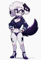 101_dalmatian_street 101_dalmatians ai_generated anthro bra canid canine canis dalmatian disney domestic_dog female glass heels jacket lingerie panties vanny_(101_dalmatians) vanny_(whistlerarts29)