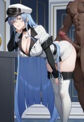 1boy 1girls ai_generated akame_ga_kill! bent_over blue_eyes blue_hair breasts dark-skinned_male degenbrecher detached_sleeves esdeath_(akame_ga_kill!) female hourglass_figure imminent_sex large_breasts large_penis light-skinned_female long_hair male military_uniform slim_waist thigh_boots thighhighs uniform very_long_hair white_clothes white_clothing wide_hips