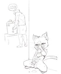 anthro barefoot biped bodily_fluids capcom clothing duo exclamation_point eyebrows feet felid felyne female finger_fuck fingering fur genital_fluids genitals hair human lynian male mammal monster_hunter palico pupils pussy skeleton265 smelling_underwear speech_bubble standing tail towel towel_only vaginal_fluids vaginal_penetration