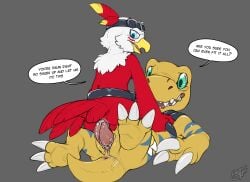 absurd_res agumon anal anthro avian bandai_namco belt benji_(artist) bird cowgirl_position dialogue digimon digimon_(species) duo from_front_position gale_hawkmon hawkmon hi_res lube lube_in_ass lube_on_dildo male male/male on_bottom on_top power_bottom scalie sex size_queen speech_bubble