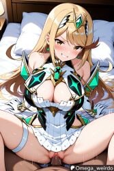1girl1boy ai_generated armor bangs bed bedroom big_breasts blonde_female blonde_hair blush cleavage core_crystal core_crystal_(xenoblade) dress earrings evil_grin evil_smile female gloves headgear huge_breasts long_hair looking_at_partner looking_at_viewer male missionary missionary_position missionary_sex motion_lines mythra mythra_(xenoblade) patreon pov pov_sex pussy_juice sex smile smiling smiling_at_viewer xenoblade_(series) xenoblade_chronicles_3 yellow_eyes