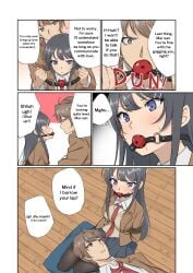 1boy 2girls absurdres arms_behind_back azusagawa_kaede azusagawa_sakuta ball_gag between_breasts black_hair black_pantyhose blush bondage book bound bound_ankles bound_arms bound_legs bound_thighs bound_torso breasts comic cosplay drooling english_text female female_focus frogtie gag gagged highres indoors jacket kigurumi kneeling legs_together long_hair long_sleeves lying lying_on_lap male medium_breasts misunderstanding multiple_girls necktie necktie_between_breasts no_shoes on_back on_cushion on_floor open_clothes open_jacket open_mouth pantyhose photo_(object) pleated_skirt purple_eyes rope sakurajima_mai saliva saliva_puddle saliva_trail school_uniform seishun_buta_yarou seishun_buta_yarou_wa_bunny_girl_senpai_no_yume_wo_minai shibari_over_clothes shirt simple_background skirt solo speech_bubble straight tagme tamawwwwwwwww tie unworn_gag wiffle_gag wooden_floor