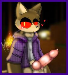 anthro canine canine_ears doggy_(piggy) heart heterochromia hoodie male male_only muzzle penis piggy_(game) precum purple_border red_pupil red_sclera solo t-shirt woflgame yellow_pupil