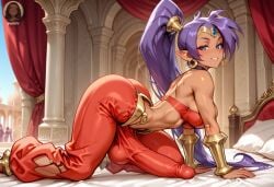 1futa ai_generated arabian_clothes big_balls big_bulge bubble_butt clothed crawling dickgirl erection_under_clothes female futanari genie huge_cock intersex penis_outline penis_under_clothes shantae shantae_(character) solo yo0001