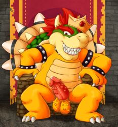 1boy 2018 3_toes 4_fingers anthro balls bowser claws collar erection exoticdreamer grin hair horn indoors koopa male male_only mammal mario_(series) nintendo nude penis scalie simple_background sitting smile solo solo_focus spiked_collar spikes teeth testicles throne toes video_games