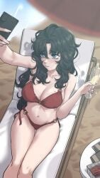 beach bikini blue_eyes blush cleavage female female_only girl grey_hair gye_baek-soon large_breasts light_skin mole_on_breast phone red_bikini seated unemployed_gye_baek-soon white_skin