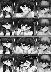 1boy 2girls 2girls1boy absurd_res big_penis blowjob blush collarbone comic drooling english_text fellatio female femsunny_(omori) genderswap_(mtf) grabbing_penis hairband heart heart-shaped_pupils hero_(omori) highres licking_penis male male_pov mari_(omori) moaning monochrome naked_female naked_male omori oral penis pov rule_63 siblings sisters sunny_(omori) twintails vegasvat voyeur