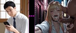 1boy 1girls after_fellatio ai_generated alley balls bitchy black_eyes black_hair blonde_hair blowjob breasts cheating cheating_girlfriend choker cleavage comic cuck cuckold cuckolding cum cum_drip cum_in_mouth cum_on_face cum_string cumshot excessive_cum excessive_saliva female gojou_wakana grabbing head_grab human japanese_female kitagawa_marin light-skinned_female light_skin makeup male mole multicolored_hair netorare night ntr open_mouth outdoors penis perfect_body phone phone_ringing piercing pink_eyes saliva_drip saliva_string saliva_trail selfie shirt short_hair sono_bisque_doll_wa_koi_wo_suru stable_diffusion sweat taking_picture testicle_grab testicles tie tongue vooluxx white_shirt