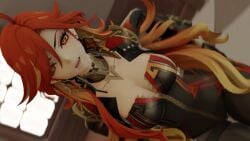 3d animated ass ass_shake black_bodysuit bodysuit breasts female fiery_hair from_above from_behind from_below genshin_impact gloves huge_ass jiggle kishi leaning leaning_forward long_hair looking_at_viewer mavuika_(genshin_impact) multicolored_hair orange_eyes orange_hair red_hair shiny shiny_clothes skin_tight smile solo tagme very_long_hair video video