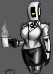 coffee_mug glados glados_(humanoid) greyscale large_breasts no_mouth polygonalfish portal_(series) robot robot_girl sketch solo solo_female yellow_eyes