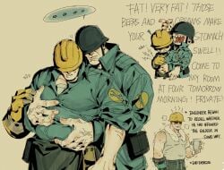 2boys awkward big_belly big_hands engineer_(team_fortress_2) fat_belly fat_male feeding fondling gay inflation male moobs overweight overweight_male soldier_(team_fortress_2) sweat sweatdrop team_fortress_2 tf2 touching uncomfortable yuzhnbdn1