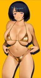 1girls big_breasts bikini black_hair breasts cessa enormous_breasts female female_focus female_only gold_bikini golden_bikini golden_week gundam gundam_gquuuuuux huge_breasts looking_at_viewer massive_breasts micro_bikini shiiko_sugai thick_thighs voluptuous voluptuous_female