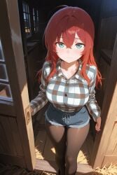 ai_generated big_breasts cute_face female jean_shorts red_hair shirt standing