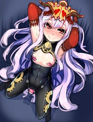 arms_behind_head arms_up bangs black_legwear blush bodystocking closed_mouth elbow_gloves eyebrows eyebrows_visible_through_hair female flat_chest gloves gorgon granblue_fantasy hair_between_eyes headpiece lavender_hair long_hair medusa_(shingeki_no_bahamut) nose_blush object_insertion pantyhose pussy pussy_juice red_eyes red_gloves shingeki_no_bahamut slit_pupils smile solo tenken_(gotannda) vaginal_object_insertion vaginal_penetration very_long_hair vibrator vibrator_on_nipple