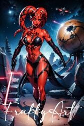 ai_generated alien bare_shoulders black_gloves boots breasts choker cleavage clothing colored_skin darth_talon elbow_gloves energy_sword female female_only footwear frakkyart gloves holding holding_object holding_sword holding_weapon large_breasts lightsaber lips long_hair medium_breasts navel night orange_skin pelvic_curtain planet red_hair red_skin science_fiction shoes sky solo space spacecraft standing star_(sky) star_wars starry_sky sword tattoo thighs weapon