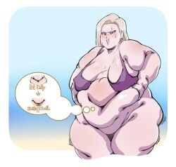 1girls android android_18 belly_bigger_than_head belly_bulge bikini blonde_hair blue_eyes blush bra chubby chubby_female dragon_ball dragon_ball_z fat fat_ass female female_focus focus huge_belly huge_female hyper_fat obese obese_female short_hair ssbbw thick_thighs thong weight_gain wide_hips