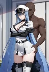 1boy 1girls ai_generated akame_ga_kill! arms_under_breasts blue_eyes blue_hair dark-skinned_male degenbrecher detached_sleeves esdeath_(akame_ga_kill!) female grabbing_ass hourglass_figure large_breasts light-skinned_female long_hair looking_back male military_uniform slim_waist standing thigh_boots thighhighs uniform very_long_hair white_clothes white_clothing wide_hips