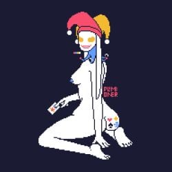 1girls balatro clown clown_girl female jester jester_hat jimbo_(balatro) pixel_art playing_card plimporner