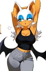 1girls anthro bat bat_ears bat_wings big_breasts blue_eyes cleavage fruitcrunchi huge_breasts long_eyelashes long_hair looking_at_viewer rouge_the_bat solo solo_female sonic_(series) stretching sweat sweatdrop sweating tank_top tanktop white_hair