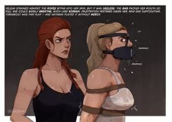 2girls angry angry_face black_widow_(marvel) black_widow_(movie) blonde_hair bondage crying deckenz female female_only femsub florence_pugh gag gagged gagged_speech gagging gagging_noise marvel marvel_cinematic_universe multiple_girls muzzle muzzle_gag natasha_romanoff payback red_hair restrained revenge rope_bondage scarlett_johansson sisters superheroine sweat the_avengers yelena_belova