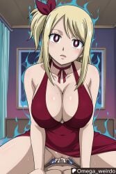 1girl1boy ai_generated big_breasts blonde_female blonde_hair blush cleavage corrupted corruption cum cum_in_pussy cum_inside dark_aura emotionless fairy_tail female glowing_eyes hair_ribbon huge_breasts hypnosis hypnotic_eyes lucy_heartfilia male muscular navel no_emotion omega_weirdo open_mouth patreon pov pov_sex pussy_juice red_dress red_eyes ribbon sex side_ponytail stoic straddling white_pupils