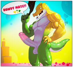 absurd_res anthro aroused ass balls big_butt big_penis bubble clothing cowboy_hat crocodile crocodilian erection genitals glans glitch_productions green_body gummigoo_(tadc) gummigoo_(the_amazing_digital_circus) hat headgear headwear hi_res huge_cock long_penis male male_only muscular muscular_male nude pecs penis reptile scalie solo spicyboi01 the_amazing_digital_circus thick_penis thick_thighs white_body yellow_body