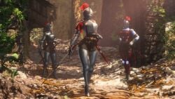3d 3d_(artwork) 3d_model 3d_render 3girls armet armet_helmet armor belt belt_buckle breastplate chainmail cuisse fully_clothed gauntlets greaves helmet helmet_covering_face holding_sword kardia_of_rhodes medieval medieval_armour rookie425 sabatons sword wide_hips