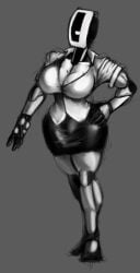 breasts button_down_shirt cleavage female glados glados_(humanoid) greyscale large_breasts no_background no_mouth office_lady polygonalfish portal_(series) robot robot_girl skirt solo solo_female