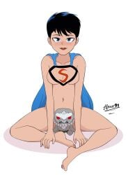 1girls 2d aleuz91 artist_signature barefoot belly_button black_hair blue_eyes breasts cape cape_only cir-el covered_nipples covered_pussy dc dc_comics doomsday feet female looking_at_viewer naked plushie practically_nude short_black_hair short_hair solo solo_female supergirl superhero_cape superheroine superman_(series) tomboy white_background