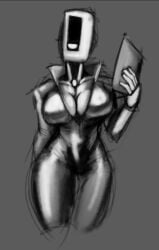 bodysuit breasts catsuit cleavage female glados glados_(humanoid) greyscale holding_paper large_breasts no_background no_mouth polygonalfish portal_(series) robot robot_girl solo solo_female unzipped_bodysuit