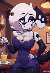 101_dalmatian_street 101_dalmatians ai_generated anthro canid canine canis clothing dalmatian dinner disney domestic_dog dress hand_on_hip seductive sexy vanny_(101_dalmatians) vanny_(whistlerarts29)