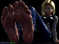 ai_generated android android_18 barefoot blonde_hair blue_eyes dark_theme dragon_ball_z feet foot_fetish foot_focus gigatsu glowing_eyes pixel_art sole_female soles toes