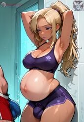 1futa ai_generated ambiguous_gender armpits big_breasts blonde_hair breasts bulge bulge_through_clothing dickgirl earrings futanari green_eyes high_resolution highres ilfb intersex large_breasts long_hair more_at_source original original_character pregnant pregnant_belly pregnant_futa tanned tanned_skin