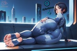 ai_assisted ass black_hair blue_bodysuit blue_eyes blue_hair blue_nails bodysuit cameltoe creamybiscuit feet female female_only foot_focus from_behind hand_on_own_ass legs lips looking_back lying nail_polish no_shoes on_side short_hair skin_tight soles stirrup_legwear thighs toeless_legwear toenail_polish toenails toes