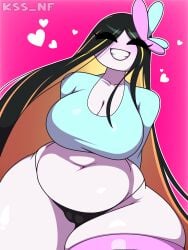 1girls 2025 2d 2d_(artwork) arms_behind_back belly belly_button belly_fat big_belly big_breasts big_pussy black_hair blue_shirt breasts butterfly_hair_ornament closed_eyes female female_only front_view half-dressed half_naked heart kss_nf light_body light_skin light_skinned_female long_hair massive_thighs panties pussy shirt simple_background smile smiling smiling_at_viewer solo sweetie_(thesweetiesoul) teeth teeth_showing thighhighs tight_clothing tight_fit voluptuous voluptuous_female white_body white_skin yellow_hair